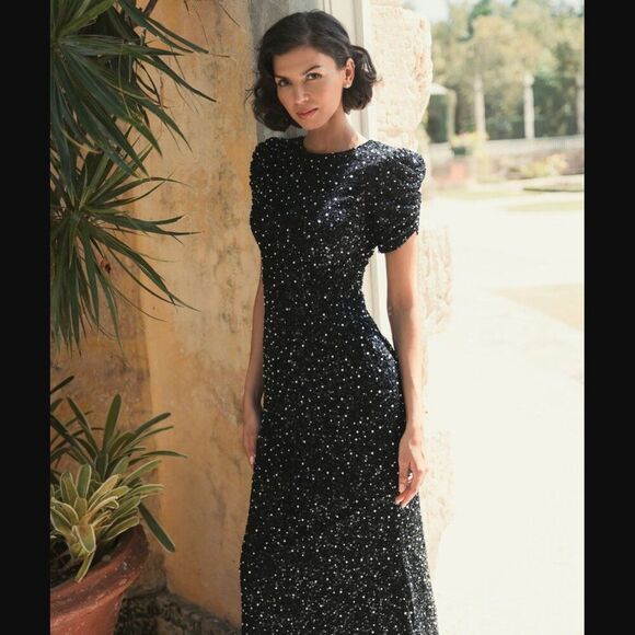 Mac Duggal 24003 Size 12 Black Pearl Gathered Short Sleeve Long Maxi Gown Dress - Picture 3 of 7